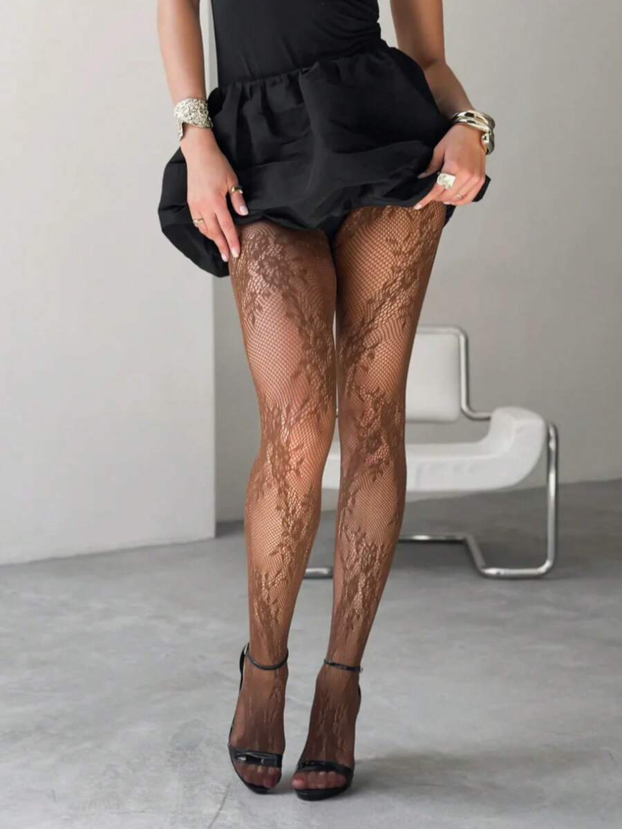 1双女士花卉蕾丝连裤袜/长筒袜，渔网袜，高腰显瘦紧身款，大码，适合各种场合