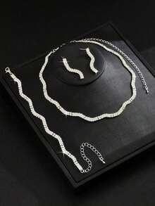 4pcs Women Jewelry Set - Necklace, Earrings, Bracelet, Rhombus Pattern, Party/Bridal/Graduation - 銀色 - 查看 1
