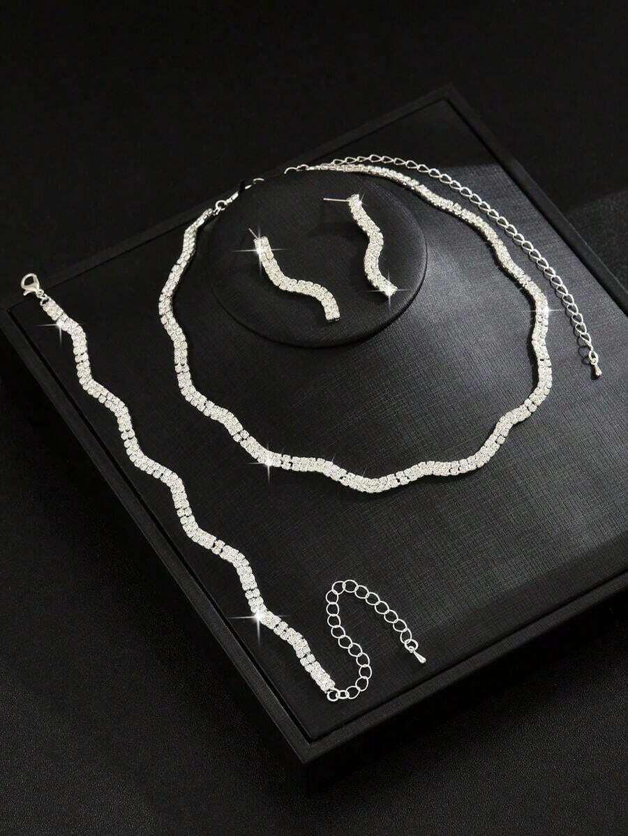 4pcs Women Jewelry Set - Necklace, Earrings, Bracelet, Rhombus Pattern, Party/Bridal/Graduation - 銀色 - 查看 1