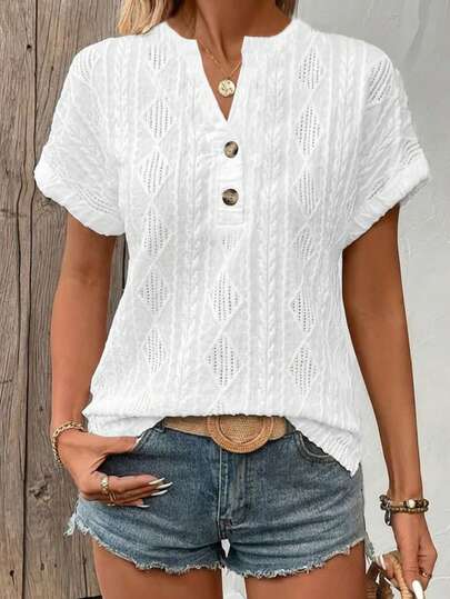 Áo thun nữ cỡ lớn cổ chữ V màu trơn, chất liệu jacquard khoét lỗ, kiểu dáng châu Âu & Mỹ, màu trắng, thích hợp mặc mùa xuân/hè.