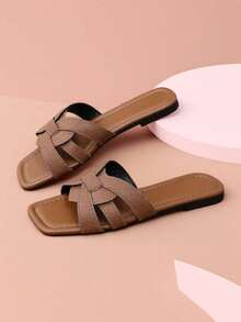 夏季新款时尚平底拖鞋，纯色设计，细带交叉波西米亚风，适合户外、休闲、度假、海滩和室内穿着，棕色平底露趾轻便透气女式拖鞋 - 巧克力棕 - 查看 7