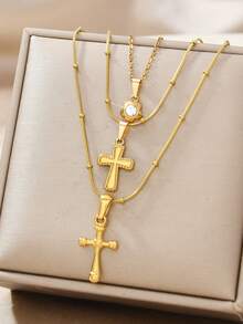 20226 Spring Summer New Four Leaf Clover Cross Chains Necklace Jewelry Sets For Women ,Men,Mom,Valentine's Day ,Mother's Day ,Sister ,Best Friend Gifts - Gold - View 1