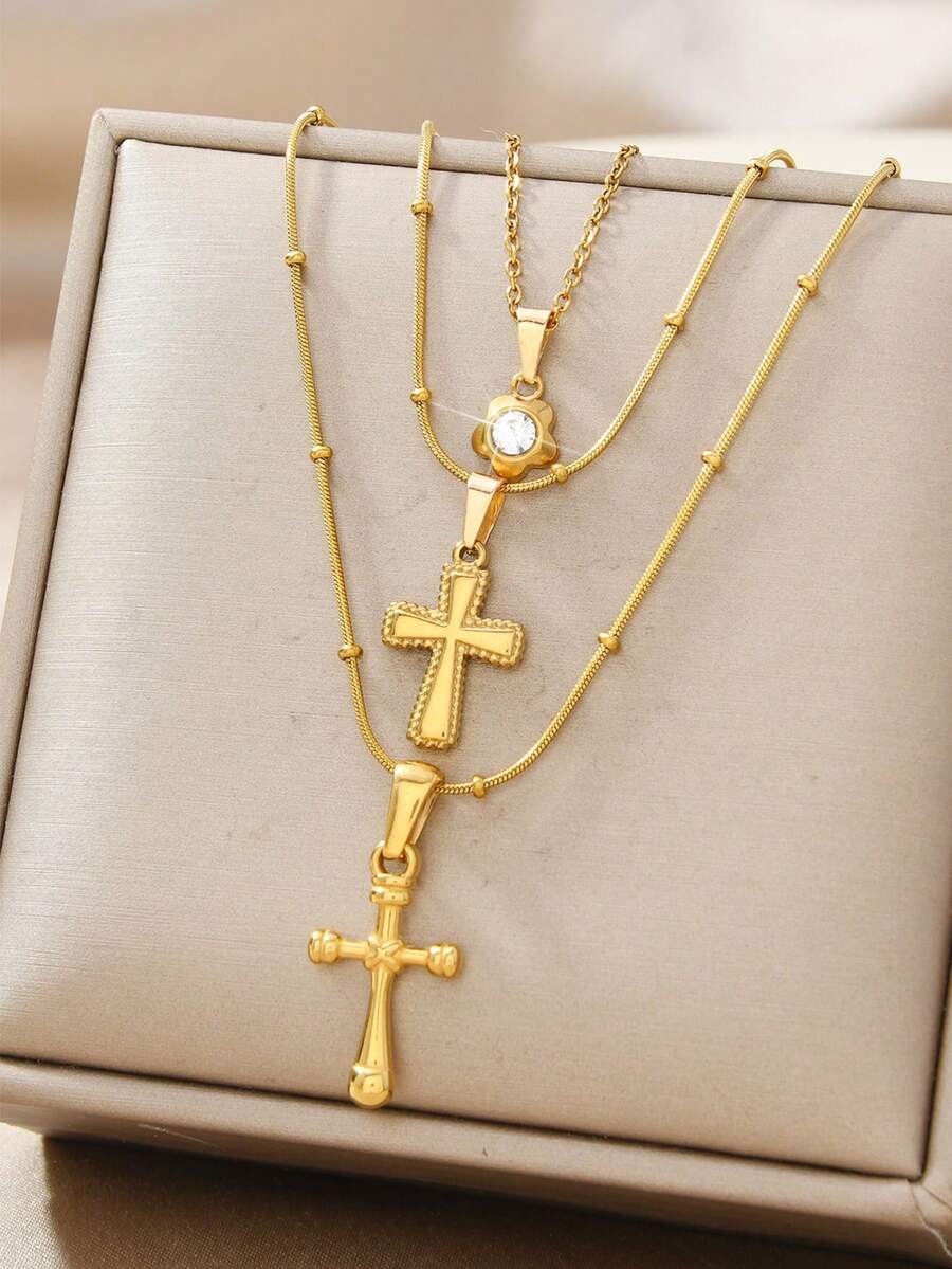 20226 Spring Summer New Four Leaf Clover Cross Chains Necklace Jewelry Sets For Women ,Men,Mom,Valentine's Day ,Mother's Day ,Sister ,Best Friend Gifts - Gold - View 1