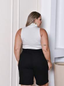 Women's Plus Size Bermuda Shorts In Linen Fabric, Simple And Elegant, With Zipper, Button And Pockets - 黑色 - 查看 2