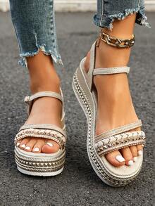 Summer Fashion Women's Wedge Sandals, Bohemian Style Rivet Open-Toe Design With Ankle Strap, Breathable And Comfortable Casual Elegant Flat Shoes - Beige - View 5