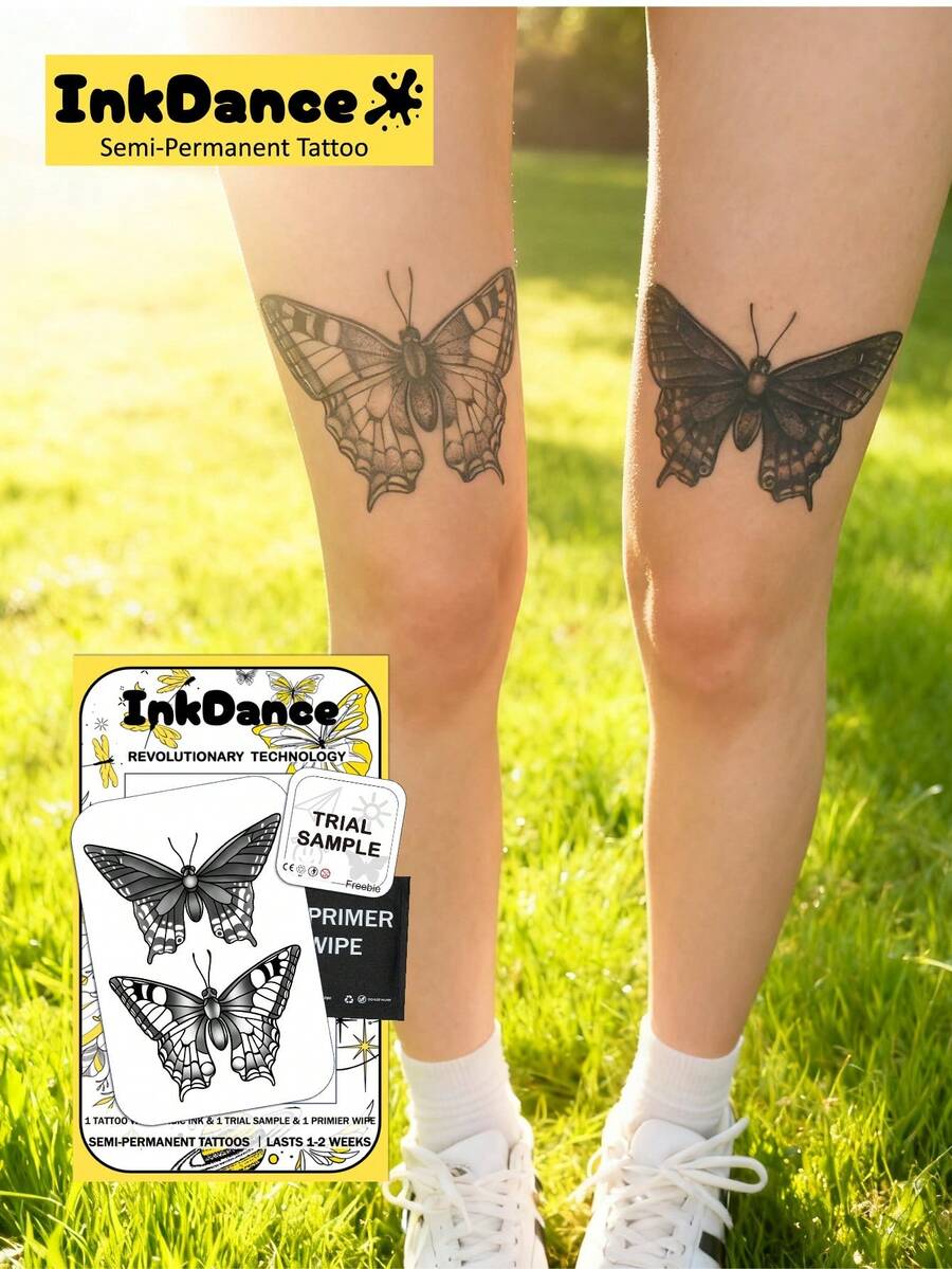 Butterfly Pattern Revolutionary Technology Tattoo Stickers, Moth Tattoo Stickers, Semi-Permanent Tattoo Stickers, Temporary Tattoo Stickers, Long-Lasting, Realistic Tattoo Stickers, Waterproof, Realistic Tattoo Effect, Plant-Based Formula, Product Number D026 - Black - View 1