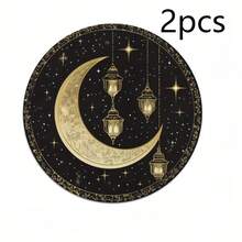 Set 1/2/4/6/8/300 buc, șervețele rotunde de lux, fundal negru cu modele de lună și felinare de Ramadan, dimensiuni 15*15 inch/38*38 cm. Mai multe modele disponibile, fiecare perfect potrivit pentru cinele de Ramadan și decorul casei. Fabricate din material 100% poliester, lavabile la mașină, o alegere ideală pentru decorarea casei. - Multicolor - Vizualizare 18