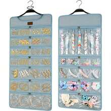 Hanging Jewelry Organizer With Dual Zippered Pockets Canvas Double Sided Rotating Hanger Necklace Hanging Wall Organizer Earring Dustproof Holder Wall Mount Accessories Display Bag(Purple)-Trugenix - 藍色 - 查看 7