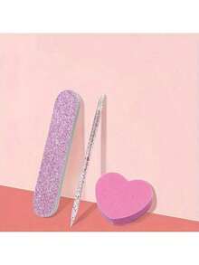 3pcs Women's Manicure Tools Set, Crystal Dotting Pen, Heart-Shaped Nail Buffer Block, Wooden Nail File - Multicolor - View 10