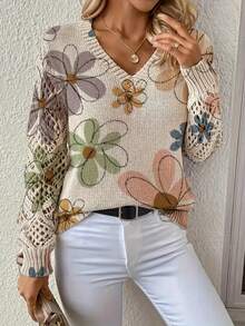 Printed Sweater: Elegant Bohemian Floral V-Neck Long-Sleeve Pullover. The Entire Piece Is Printed, A Women's Knitted Sweater, Suitable For Spring And Summer, And A Four-Season Style Essential For Home Wear And Travel. Available In 5 Colors. - 卡其色 - 查看 2