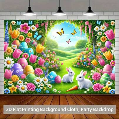 1 件 2D 背景布 - 涤纶背景布，图案为活泼的兔子穿梭于五彩缤纷的花朵和绿草之间，经久耐用且可水洗，可用作墙面横幅、房间摄影背景、照片背景、庆典装饰，无需电源