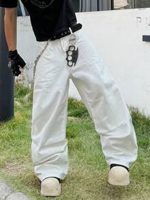 1件 Justice Brother 高端牛仔裤，休闲宽松阔腿裤，水洗效果 - 白色 - 查看 5