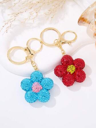 可爱闪亮花朵钥匙扣，可挂在钱包上 - 红色/蓝色花朵吊坠钥匙圈，圣诞礼物送给妈妈