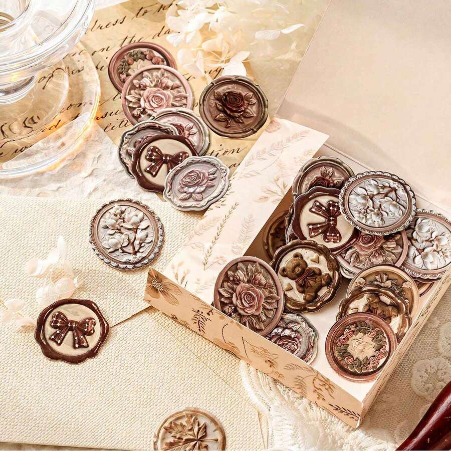 20张/包 压纹蜡封贴纸，复古创意美学贴纸，DIY装饰拼贴工艺用品，节日礼物，个性化剪贴簿学校文具用品 - 棕色 - 查看 1