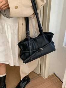 1 Stück modische vielseitige Boston Tasche mit großer Kapazität, Damen lässige einfarbige PU-Leder Patchwork Umhängetasche, geeignet für Schule, Arbeit, Einkaufen, Weihnachtsgeschenk - Schwarz - Übersicht 5