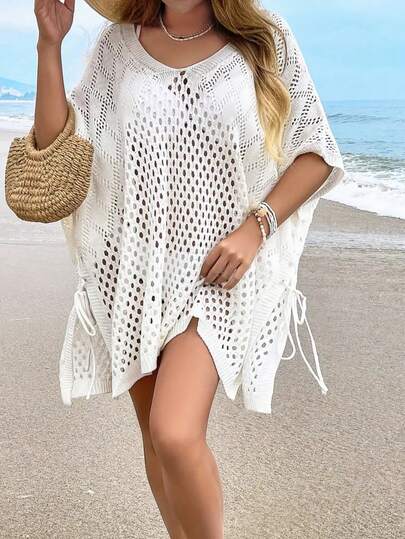 ชุดเดรสถักแบบเปิดสำหรับผู้หญิงไซส์ใหญ่, ชายเสื้อบิด, ทรงหลวม, สำหรับวันหยุดพักผ่อนที่ชายหาด, สีพื้น