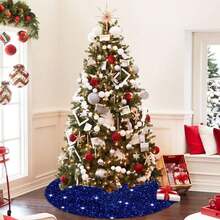 Falda de árbol de Navidad azul de 36 pulgadas con lentejuelas de terciopelo brillantes y collar de purpurina para árbol de lápiz y decoraciones azules de Navidad - Blanco - Ver 9