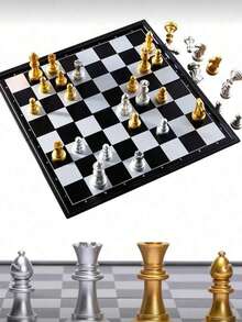 1 Set Magnetic Chess Set, Luxury Gold & Silver Foldable Chessboard, Portable Travel Chess Game, Giant Chess Dominoes, Transparent Chess Pieces, Chess Strategy Game, Suitable For Adults & Kids, Indoor/Outdoor Party Gift - Multicolor - View 8