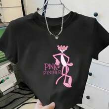 Women's Short-Sleeve Cropped T-Shirt With Panther Print - Top For All Seasons - New Arrival - màu đen - Xem 1