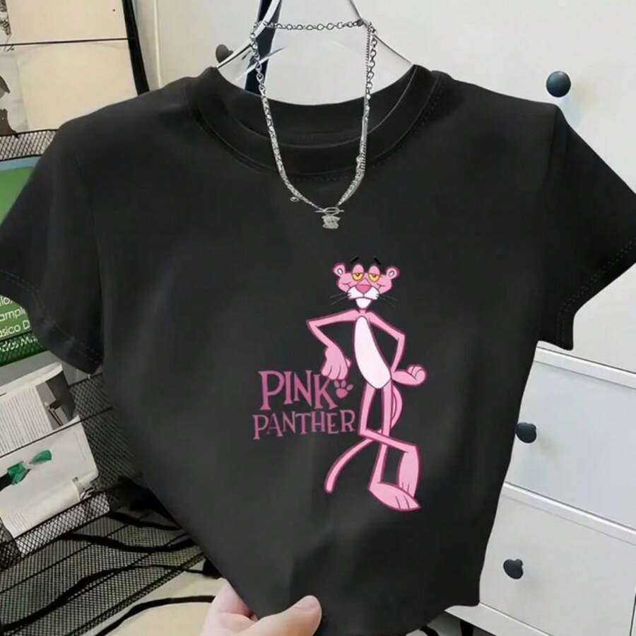 Women's Short-Sleeve Cropped T-Shirt With Panther Print - Top For All Seasons - New Arrival - màu đen - Xem 1
