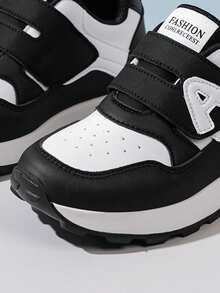 1 Pair Toddler Boys' Color Block PU Hook And Loop Design Flat Casual Cute Athletic Shoes, Suitable For Spring And Autumn - Black and White - View 6