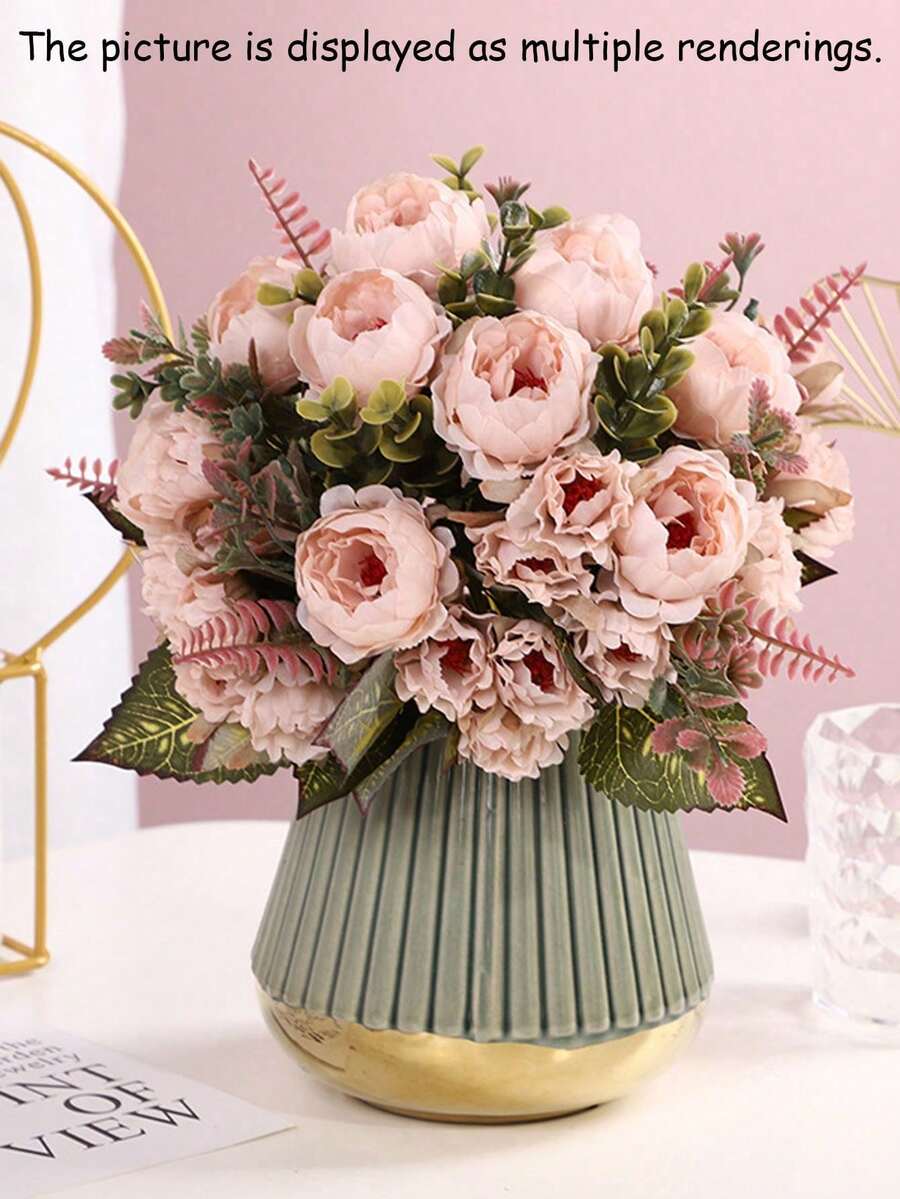 1 pièce Bouquet de pivoines en soie artificielle au toucher réel, haute simulation, pleine floraison, sans décoloration. Arrangement floral pour la décoration de la maison, du salon, de la chambre, de l'entrée, pour les mariages, les fêtes de mariage, les centres de table, les cadeaux de pendaison de crémaillère. - Vieux Rose - Voir 1