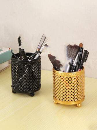 1pc Nordic Style Round Gold Metal Iron Makeup Brush Holder, Vanity Organizer, 9.2CM Height