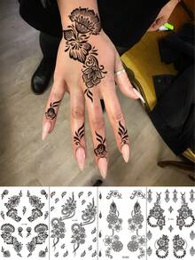 4片黑色蕾丝海娜临时纹身贴纸，适合女性婚礼、节日、穆斯林服装、情人节、约会装饰 - 黑色 - 查看 10