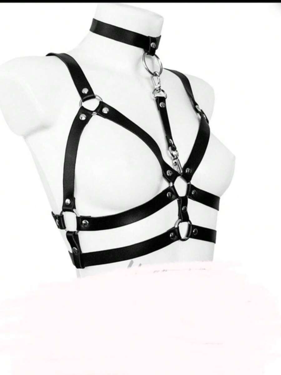Harness Bust Cropped PU Leather Buckle - 黑色 - 查看 1
