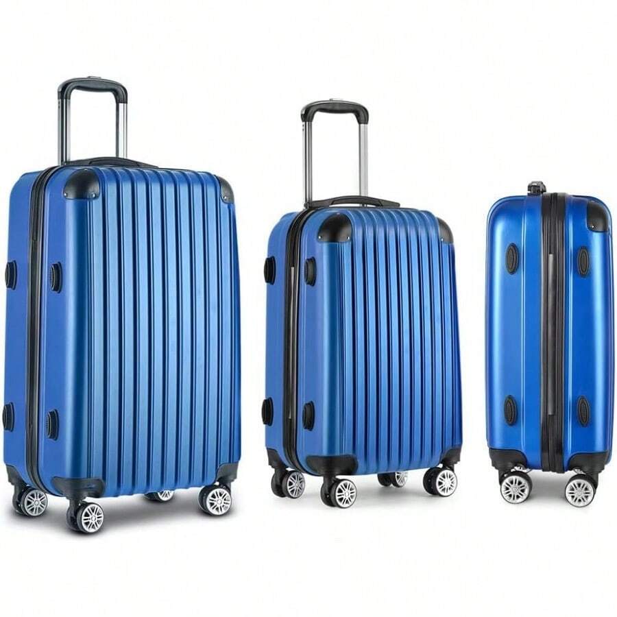 Wanderlite Luggage Set 3pcs Blue Suitcase Hand Luggages Travel ABS Hard Case Hardside Shell Lightweight Trolley Carry On Bag TSA Lock 6pcs Storage Organisers - Blue - View 1