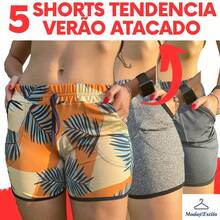 Kit de Shorts Femininos Soltinhos com Bolsos Ideal para Moda Verão - 3 PRETAS / 2 ESTAMPADAS - Visão 1