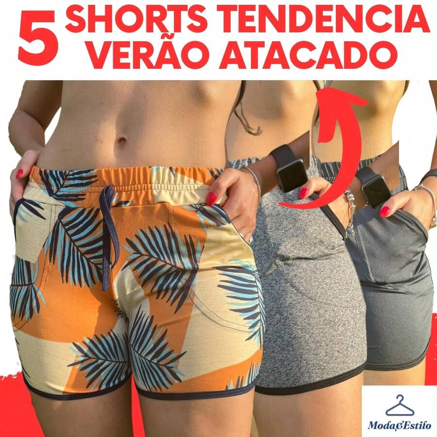 Kit de Shorts Femininos Soltinhos com Bolsos Ideal para Moda Verão - 3 PRETAS / 2 ESTAMPADAS - Visão 1
