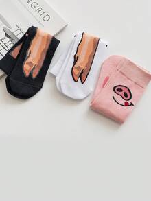 3 Pairs Unisex Pig Paw Design Mid-Calf Socks, Cute Animal Print Novelty Socks - Multicolor - View 5