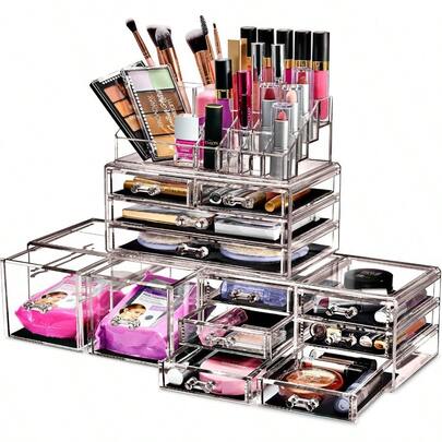 Large Makeup Organizer - Clear Stackable Jewelry Makeup Organizer For Vanity Bathroom Storage Drer - 12 Drawers Cosmetic Beauty Organizers And Storage With Lipstick Makeup Brush Holder