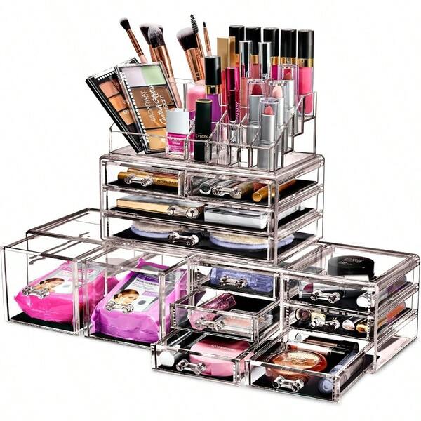 Large Makeup Organizer - Clear Stackable Jewelry Makeup Organizer For Vanity Bathroom Storage Drer - 12 Drawers Cosmetic Beauty Organizers And Storage With Lipstick Makeup Brush Holder