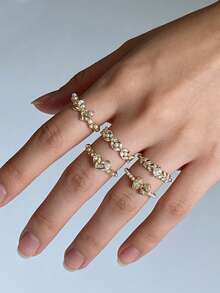 Bộ 5 chiếc nhẫn điều chỉnh được, thanh lịch, tinh tế, đính ngọc trai giả và đá Cubic Zirconia hình trái tim và nơ, thiết kế độc đáo, thích hợp đeo hàng ngày, dự tiệc, họp mặt (Không kèm hộp quà). - Vàng - Xem 10