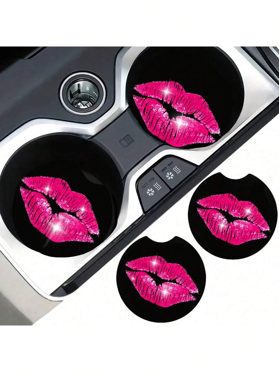 2pcs Sexy Lip Pattern Car Coasters, 2D Acrylic Car Coasters, Personalized Car Interior Coasters. - Multicolor - View 1