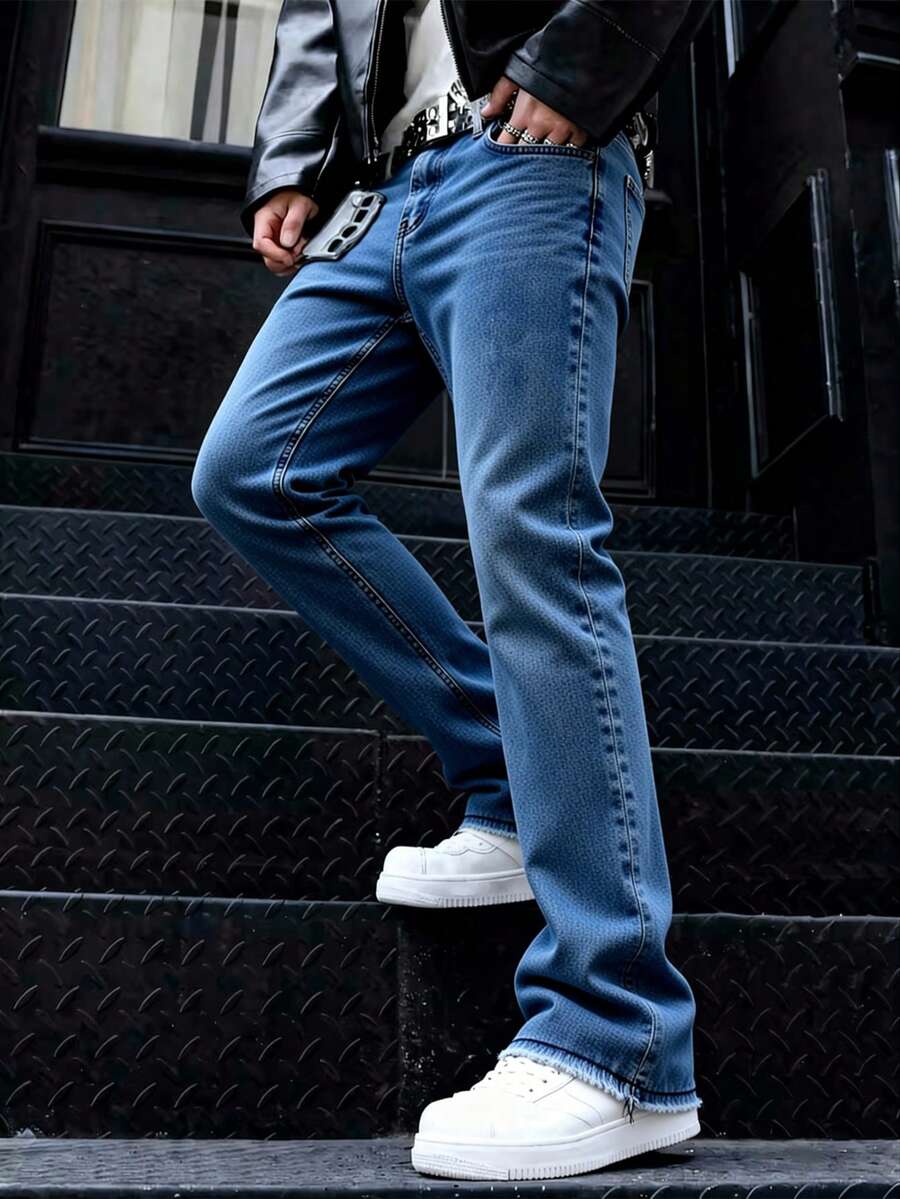 Quần jeans nam ống rộng dáng ôm, màu đen trơn, có túi xéo, kiểu dáng suông, thích hợp cho tiệc tùng, phong cách đường phố, rapper. - Màu xanh lam - Xem 1