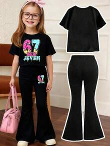 Young Boys Cartoon Print Short Sleeve Top And Skinny Flared Pants - Black - View 2