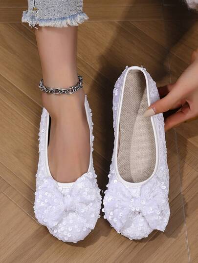 1 Pair Fashionable New Shiny Sequin Women's Shoes, Sequin Bow Decor Women's Mary Jane Shoes, Slip-On Casual Loafers, Suitable To Pair With Dresses, Jeans, Skirts