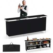 81" Extra Long Portable Bar Table With 2-Tier Storage Shees Folding Mobile Bartending Station With Removable Skirt Carry Case For Events Parties Trade Shows Black 81''L X 32.5''H - 黑色 - 查看 1
