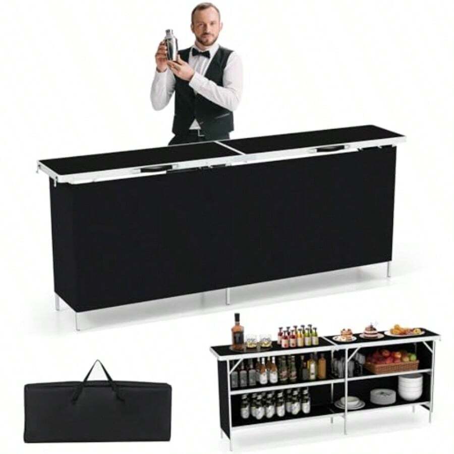 81" Extra Long Portable Bar Table With 2-Tier Storage Shees Folding Mobile Bartending Station With Removable Skirt Carry Case For Events Parties Trade Shows Black 81''L X 32.5''H - 黑色 - 查看 1