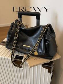 女士单肩翻盖包，柔软PU皮革，时尚优雅复古简约金属配件设计，链条肩带，适合女士、女孩、大学生、休闲、通勤等场合，黑色 - 黑色 - 查看 3