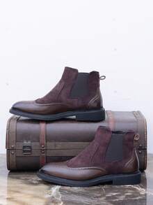 Men's Boots, Chelsea Boots, Boots, Roman Boots, Autumn/Winter Suede Fabric, Embroidery & Print Design, Business Casual, Elastic Band, Fashion, Suitable For Various Occasions, Western Style, Retro, Christmas Style - Brown - View 4