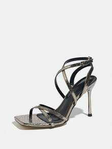 女士高跟鞋，适合春夏晚宴、户外旅行、购物、聚会、舞台表演、通勤、约会、时装秀、盛大晚宴、时尚奢华活动等场合。特点：可调节踝带、方头设计、舒适的镜面大理石纹面料、性感优雅的设计，可与秋季连衣裙和服装百搭。枪灰色高跟凉鞋 - 槍灰色 - 查看 4