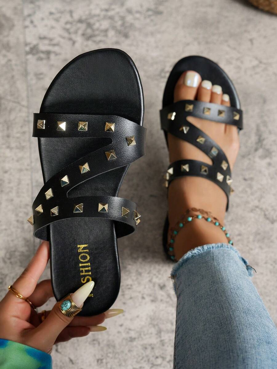 1 đôi sandal thời trang nữ, kiểu dáng chữ Z với đinh tán rỗng trang trí, thoải mái, thoáng khí, mũi tròn, thích hợp cho đi biển, nghỉ lễ, dự tiệc và mặc hàng ngày. - màu đen - Xem 1