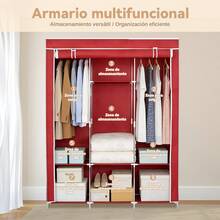 Armario ropero de tela portátil con almacenamiento, clóset organizador con doble barra para colgar y repisas, cubre polvo e impermeable, mueble guardarropa para recámara/departamento - Rojo - Ver 3
