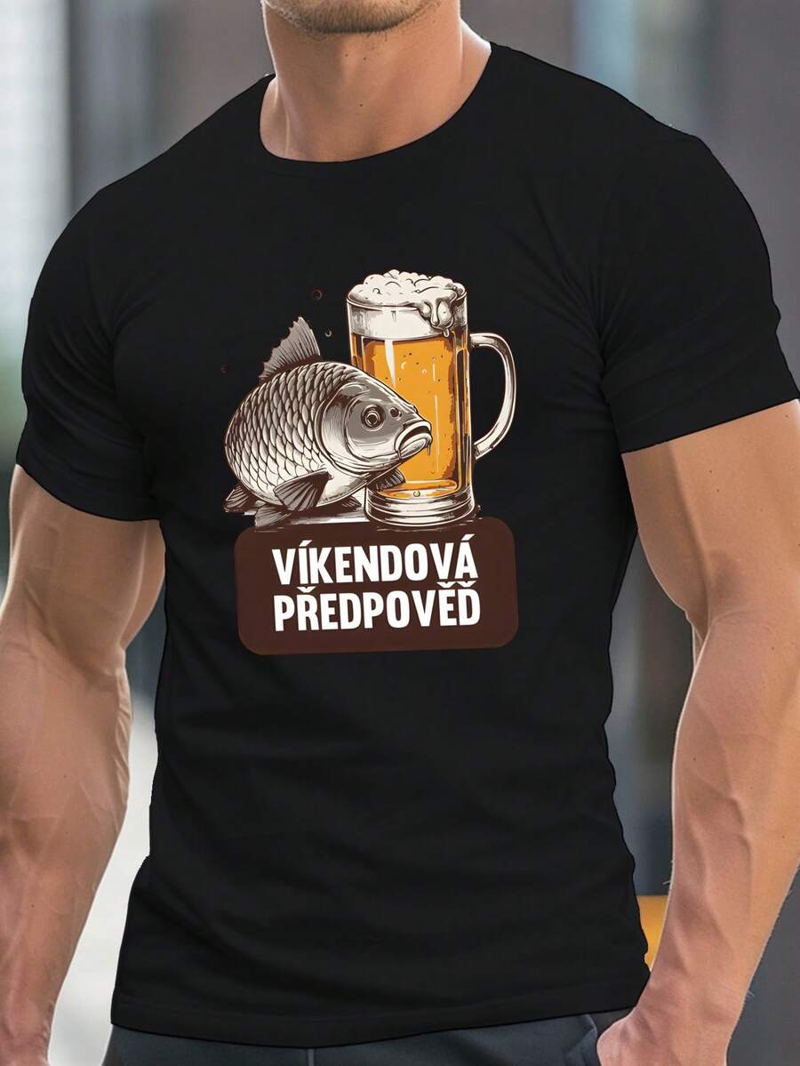 Humor Fishing Addict, Interesante Estampado Checo, Camiseta de Manga Corta con Cuello Redondo para Hombre, Camiseta Casual, Cómoda y Ligera para el Verano - Negro - Ver 1