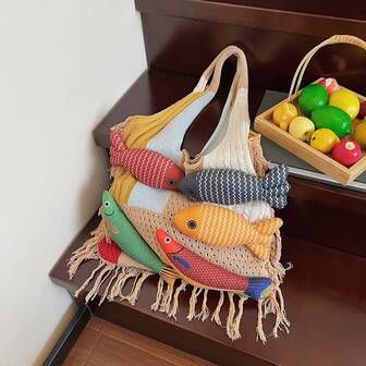 1pc Colorblock Fish Print Large Capacity Shoulder Tote Bag, Fashionable Crochet Bag, Bohemian Style For Beach, Vacation, Daily Use