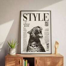 1 pieza Póster de arte de lujo en lienzo con estampado de leopardo en blanco y negro - Rostros femeninos audaces con fuentes llamativas - Póster minimalista de animales - Para salas de estar, dormitorios, oficinas - Para uso en interiores - Regalo de inauguración de casa - Diseño audaz - Decoración africana moderna de caza - Elegante arte de pared de leopardo - Póster vertical sin marco - Decoración de animales en blanco y negro - Diseño elegante de leopardo - Póster estético minimalista - Multicolor - Ver 2